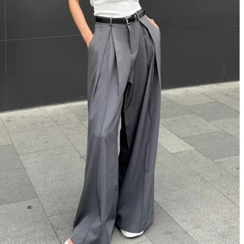 QWEEK Baggy Casual Sivé oblekové nohavice Dámske kórejské módne klasické kancelárske dámske široké nohavice s vysokým pásom Základné nohavice