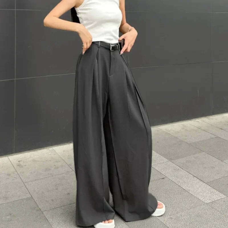 QWEEK Baggy Casual Sivé oblekové nohavice Dámske kórejské módne klasické kancelárske dámske široké nohavice s vysokým pásom Základné nohavice