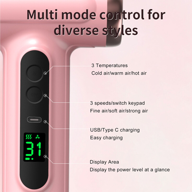 Uscător de păr portabil Încărcare USB Mâner ergonomic Uscător de păr cu aer cald și rece 200 W Uscare rapidă Ușor cu duză pentru călătorii