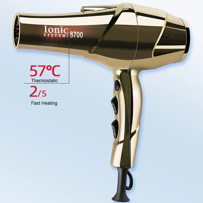 Profesionálny fén s výkonom 2200 W, pozlátený, pre salóny, vysoké rýchlosti, silný vietor, výkonný fén, 6 prevodových stupňov, tichý fúkač