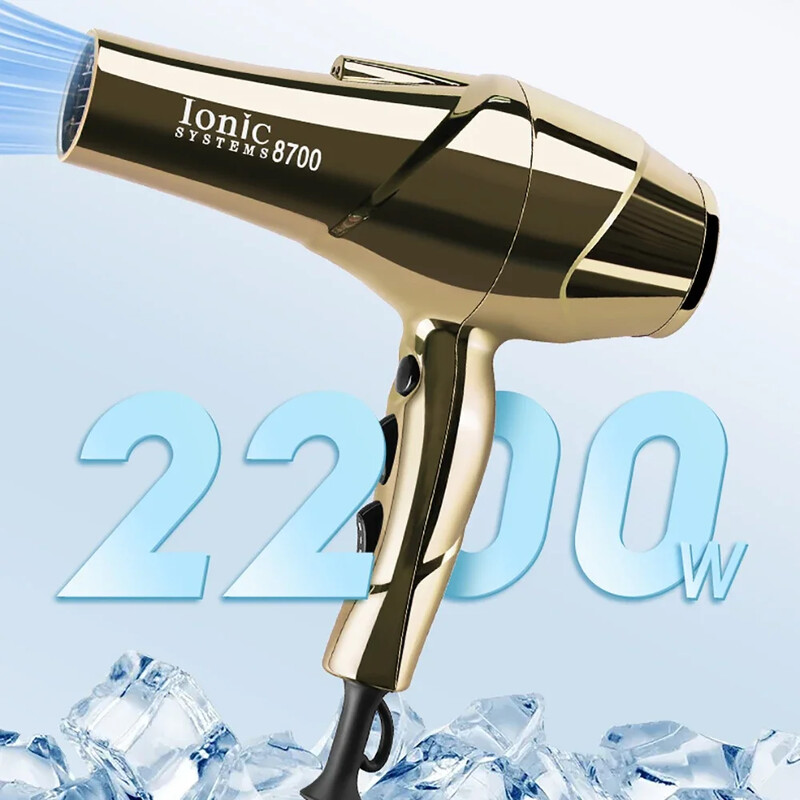 Profesionálny fén s výkonom 2200 W, pozlátený, pre salóny, vysoké rýchlosti, silný vietor, výkonný fén, 6 prevodových stupňov, tichý fúkač