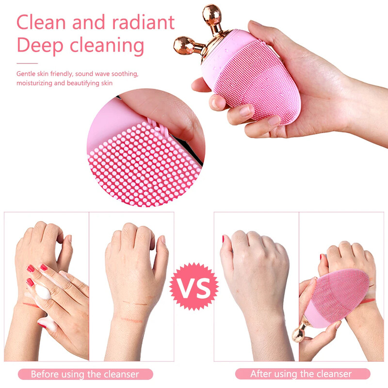 2 v 1 mini elektrické čistiace kefky na tvár, guľôčkový masážny prístroj, nabíjateľný silikónový sonický exfoliačný čistič pórov na tvár