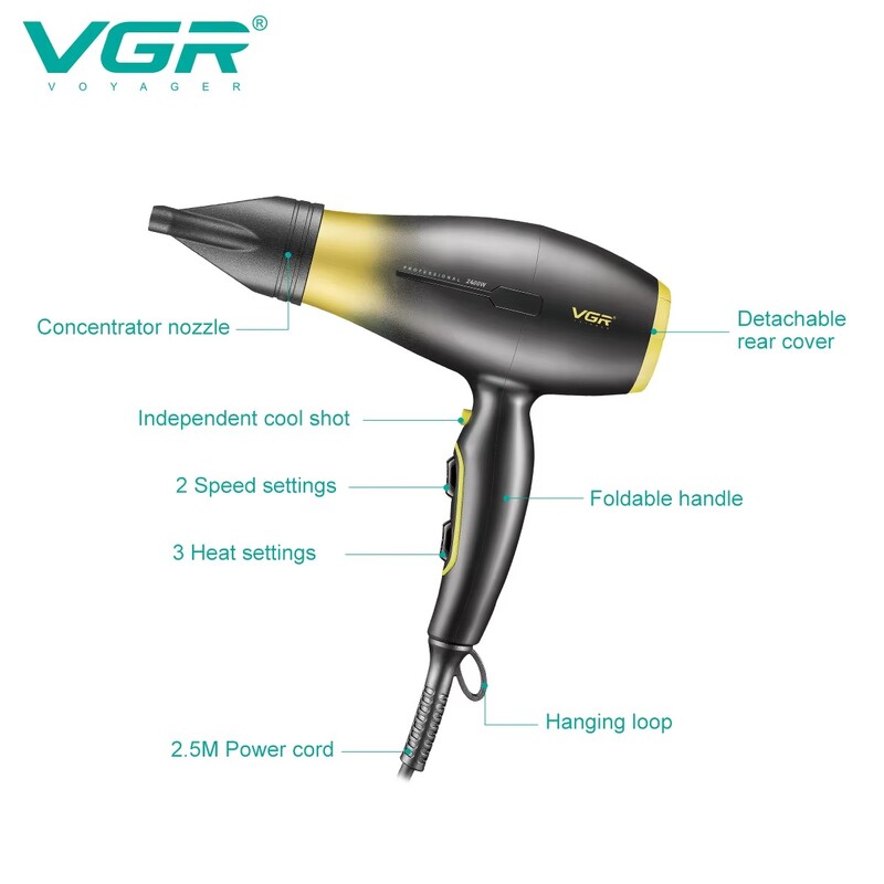 VGR professzionális hajszárító hidegen és melegen állítható hajszárító, nagy sebességű háztartási nagy teljesítményű vezetékes hajszárító V-461