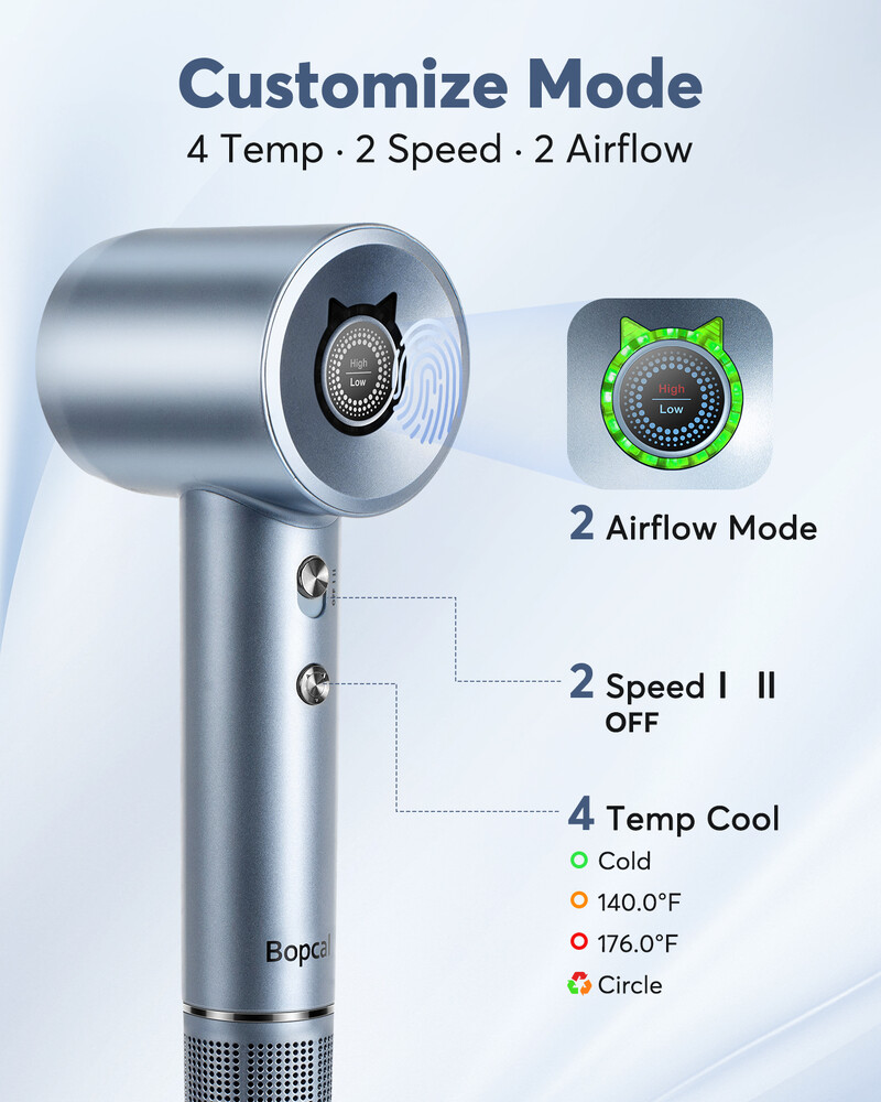 Uscător de păr profesional Bopcal de mare viteză, 110000 rpm, fără perii, la rece, cald, uscător de păr silențios cu ecran tactil, pentru salon de coafură acasă