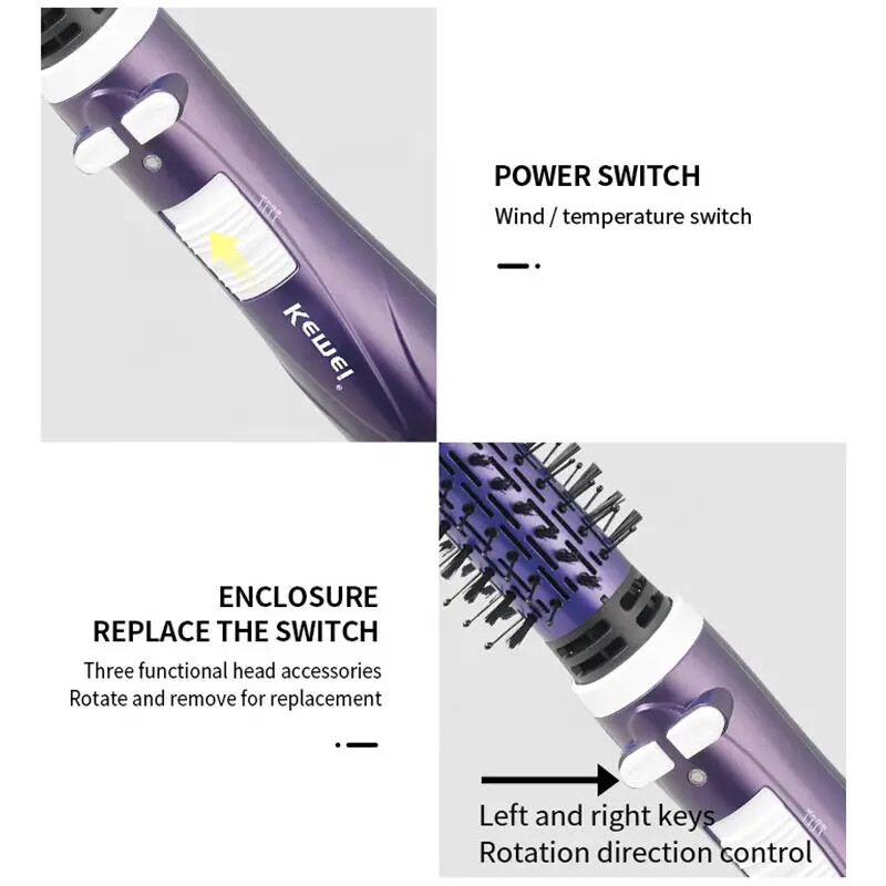 Kemei 2in1 rotacinis karšto oro sukimo šepečių rinkinys plaukų džiovintuvo šepečiui formuoti, 2 nuimami automatiškai besisukantys garbanojimo šepečiai