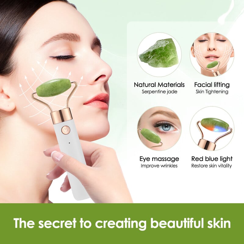 2 viename elektrinis vibruojantis natūralus nefrito volelis raudonas mėlynas šviesus veido pakeliantis krištolo nefrito akmens veido volelis grožio masažo įrankis