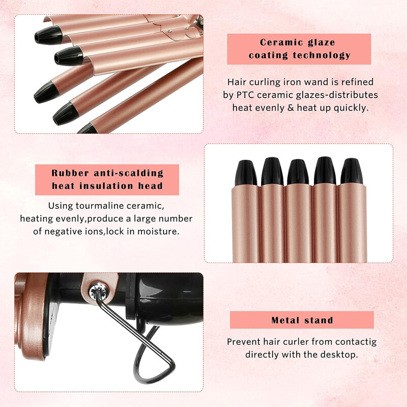 Gyors fűtésű kerámia 2 hőmérséklet-szabályozott hajsütővas Hordozható PTC fűtés 5 vödör hullámos hajsütővas