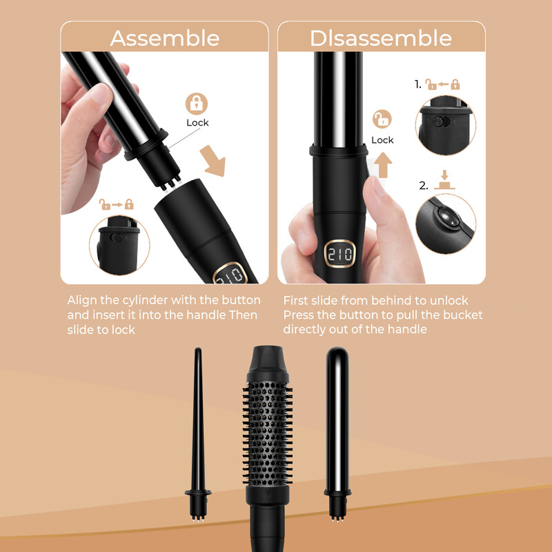 Hajsütővas pálca szett termikus kefe 3 az 1-ben Hajgöndörítő pálcák Cserélhető kerámia hajcsavaró fűtött kefe formázó eszközök