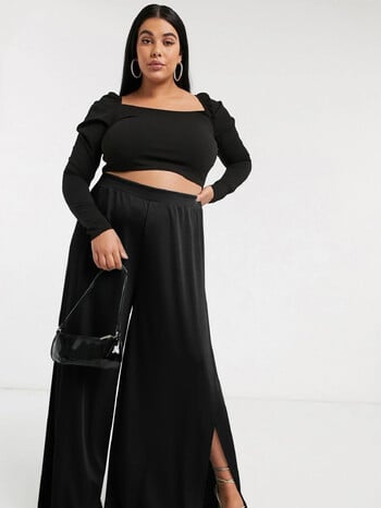 Γυναικείο Split Front Plus Size Παντελόνι με φαρδύ πόδι Υψηλή ελαστική μέση Μαύρη μαύρη φαρδιά φαρδιά καλοκαιρινή ανοιξιάτικη κομψή παντελόνα casual 6XL