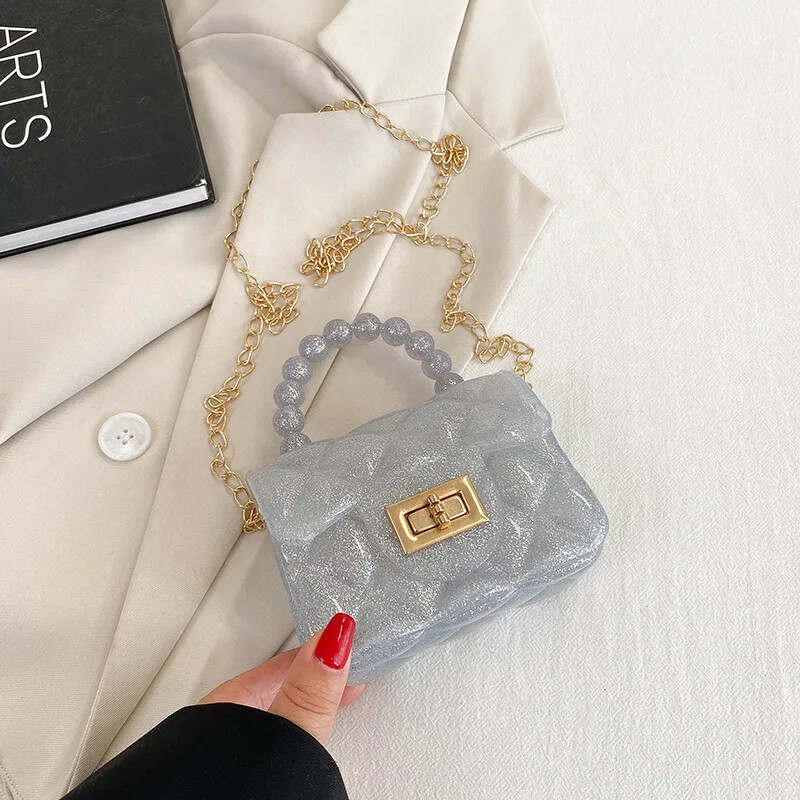 Nová mini retiazková kabelka pre ženy v preppy štýle, perlová spojka, argyle želé kabelka, priamy predaj z výroby, kabelka cez rameno, crossbody, princezná B