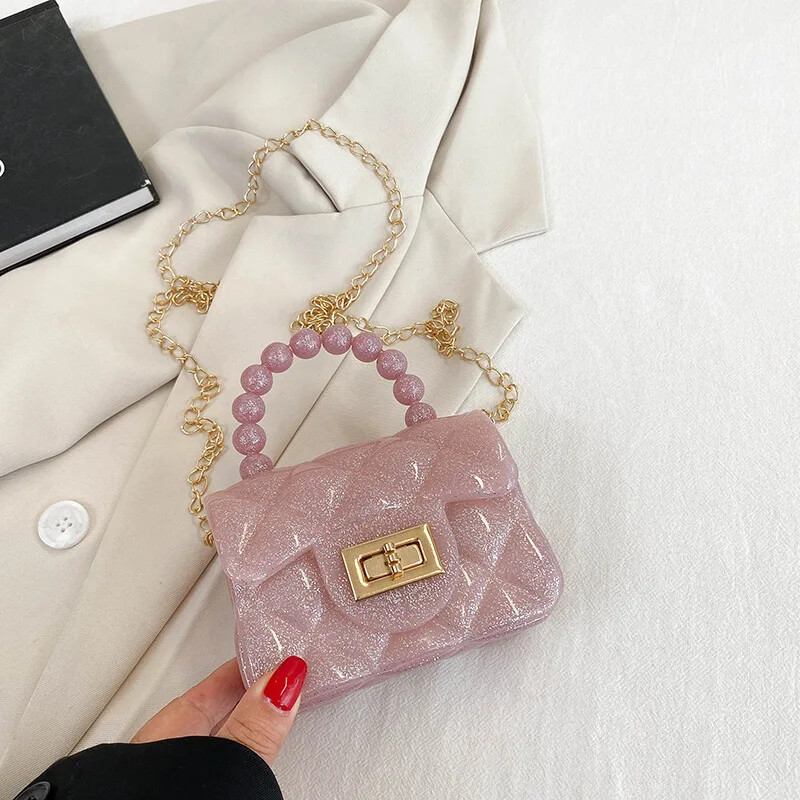 Nová mini retiazková kabelka pre ženy v preppy štýle, perlová spojka, argyle želé kabelka, priamy predaj z výroby, kabelka cez rameno, crossbody, princezná B