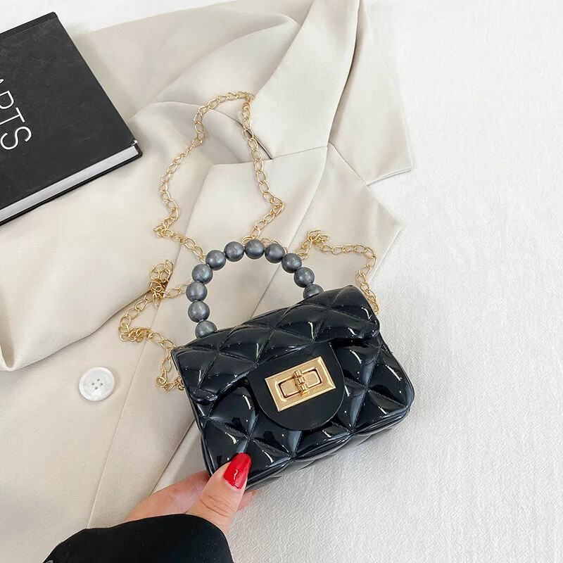 Nová mini retiazková kabelka pre ženy v preppy štýle, perlová spojka, argyle želé kabelka, priamy predaj z výroby, kabelka cez rameno, crossbody, princezná B