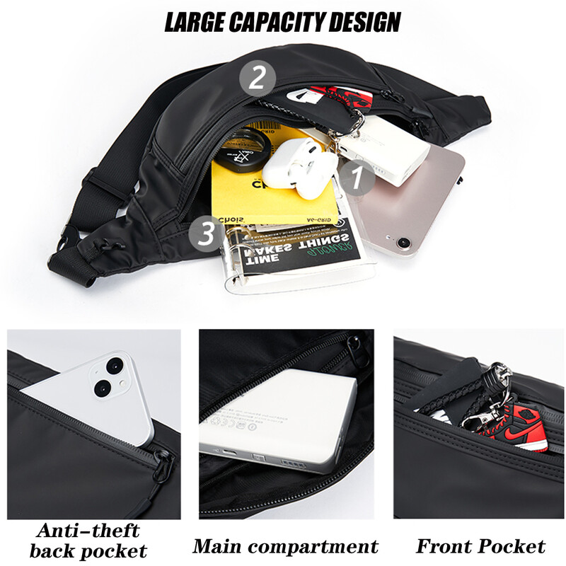 Muška torba Fanny Pack s patentnim zatvaračem protiv krađe, vodootporna sportska torba za nošenje na otvorenom, podesiva torba za remen preko ramena za putovanja, hodanje, biciklizam