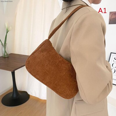 1PC Módne vintage dámske kabelky Corduroy podpazušná taška ležérne dámske tašky cez rameno jednofarebná zipsová dámska kabelka clutch