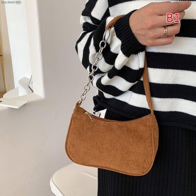 1PC Módne vintage dámske kabelky Corduroy podpazušná taška ležérne dámske tašky cez rameno jednofarebná zipsová dámska kabelka clutch