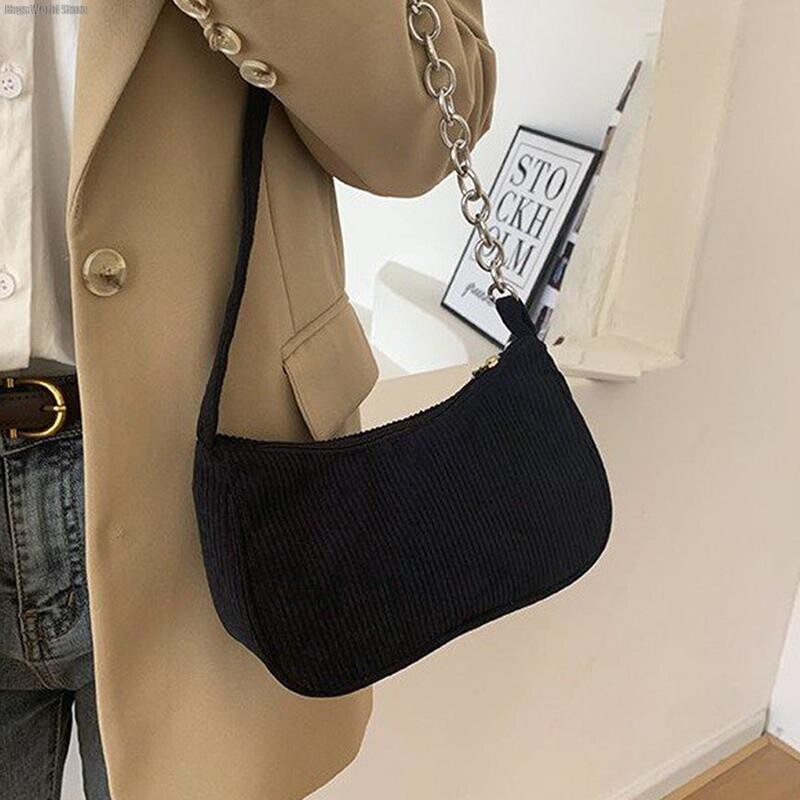 1PC Módne vintage dámske kabelky Corduroy podpazušná taška ležérne dámske tašky cez rameno jednofarebná zipsová dámska kabelka clutch