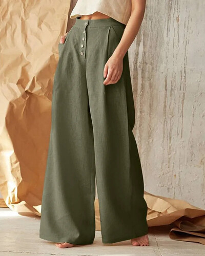 Kokvilnas lina kabatas ar augstu vidukli, platas kājas Sieviešu bikses Rudens Jaunas ikdienišķas, vienrindas, vaļīgas slaucīšanas bikses