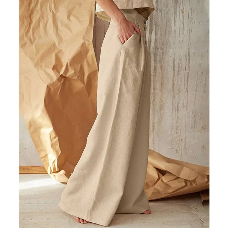 Kokvilnas lina kabatas ar augstu vidukli, platas kājas Sieviešu bikses Rudens Jaunas ikdienišķas, vienrindas, vaļīgas slaucīšanas bikses