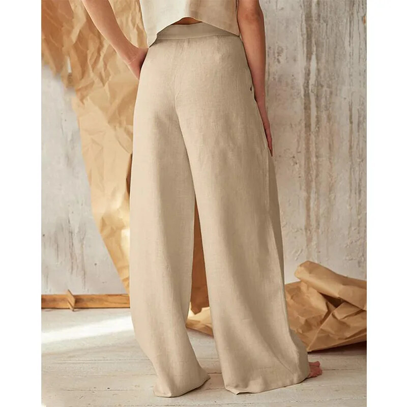 Kokvilnas lina kabatas ar augstu vidukli, platas kājas Sieviešu bikses Rudens Jaunas ikdienišķas, vienrindas, vaļīgas slaucīšanas bikses