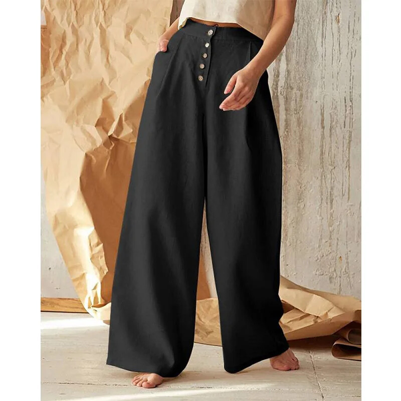 Kokvilnas lina kabatas ar augstu vidukli, platas kājas Sieviešu bikses Rudens Jaunas ikdienišķas, vienrindas, vaļīgas slaucīšanas bikses