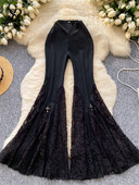 SINGREINY American Ins Hotsweet Kelnės, Moteriškos Aukšto Liemens Tinklinės Sujungimo Nėriniai Dizainas Mados Gatvės Apranga Skinny Flared Ilgos Kelnės