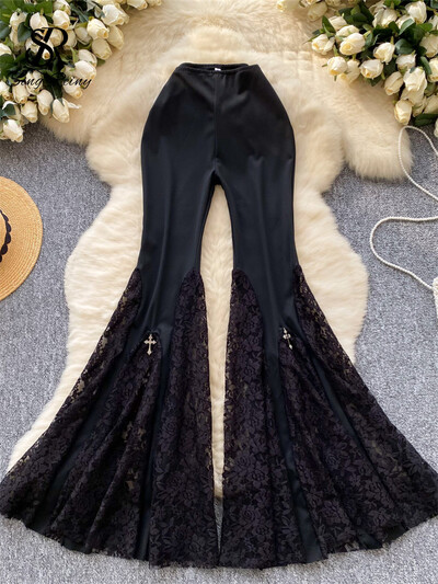 SINGREINY American Ins Hotsweet Kelnės, Moteriškos Aukšto Liemens Tinklinės Sujungimo Nėriniai Dizainas Mados Gatvės Apranga Skinny Flared Ilgos Kelnės