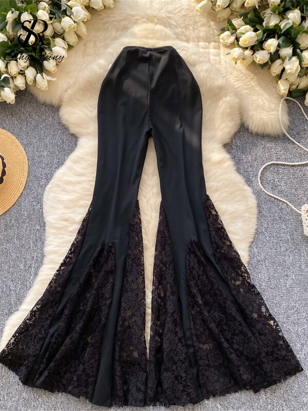 SINGREINY American Ins Hotsweet Kelnės, Moteriškos Aukšto Liemens Tinklinės Sujungimo Nėriniai Dizainas Mados Gatvės Apranga Skinny Flared Ilgos Kelnės