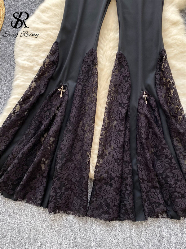 SINGREINY American Ins Hotsweet Kelnės, Moteriškos Aukšto Liemens Tinklinės Sujungimo Nėriniai Dizainas Mados Gatvės Apranga Skinny Flared Ilgos Kelnės