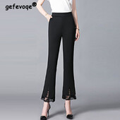 Vasaras elegantas, elegantas mežģīņu bikses sieviešu modes korejiešu biroja dāma melnbalta augsta vidukļa slaidas, vispiemērotākās bikses