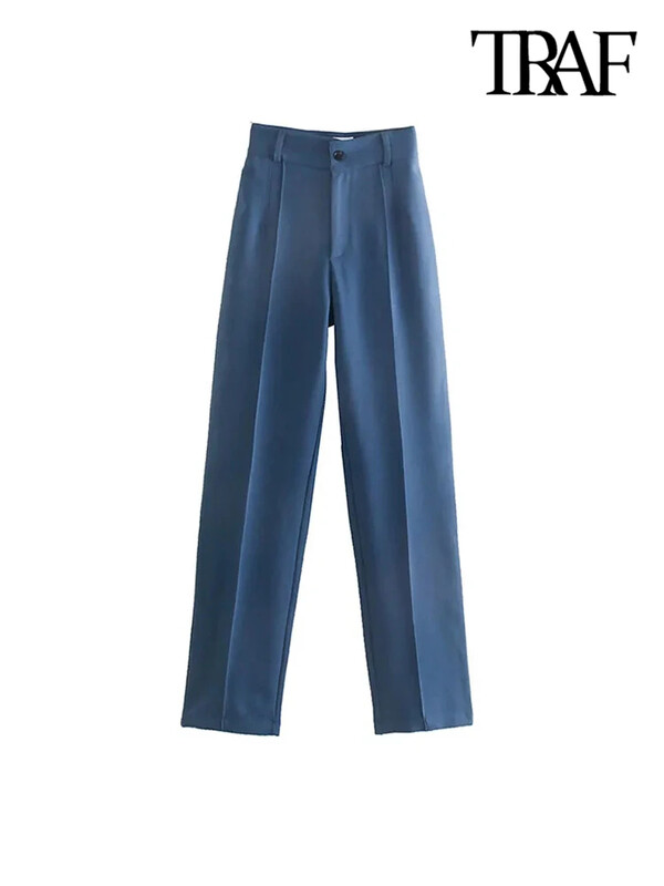 TRAF Femei Chic Fashion Office Wear Pantaloni Drepți Vintage Talie Înaltă Fermoar Fly Pantaloni Femei Mujer
