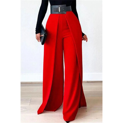 Pantaloni Formali Dimensiuni Plus Eleganti Rosii Lungi Toamna Iarna Talie Inalta Drepta Matase Moale Pantaloni Largi