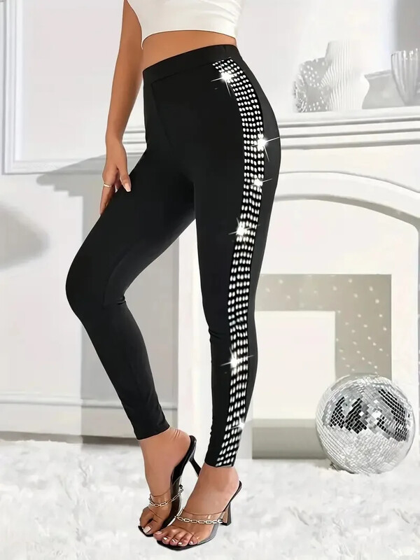 Dámske nohavice s vysokým pásom, elastickým spodným dielom, veľkosti 1XL-5XL, s bočnými flitrovanými panelmi a nohavice po členky s úzkym spodným dielom