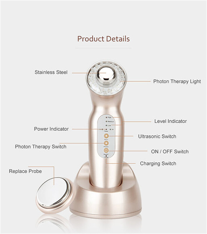 Namų naudojimui įkraunamas fotonų ultragarsinis odos priežiūros grožio prietaisas LED šviesos terapijos veido grožio aparatas, skirtas odai atjauninti
