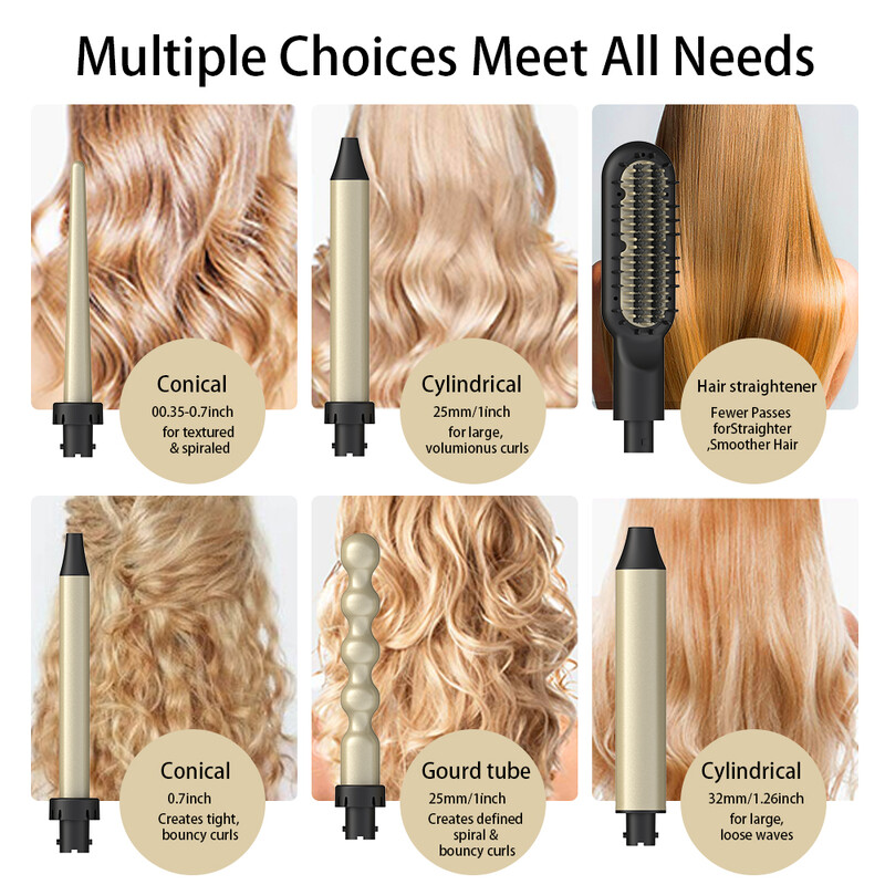 LISAPRO lokšķēres, 6 vienā keramisko mucu komplekts ar matu taisnotāja suku, tūlītēja uzsilšana, LCD temperatūras kontrole