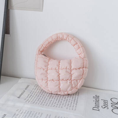 Módna mini prešívaná taška Puffer Tote, prešívaná kruhová kabelka na telefón, elegantná fialová mäkká nylonová polstrovaná kľúčenka, jednoduchá trendy kabelka