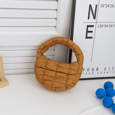 Módna mini prešívaná taška Puffer Tote, prešívaná kruhová kabelka na telefón, elegantná fialová mäkká nylonová polstrovaná kľúčenka, jednoduchá trendy kabelka