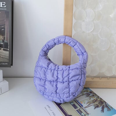Módna mini prešívaná taška Puffer Tote, prešívaná kruhová kabelka na telefón, elegantná fialová mäkká nylonová polstrovaná kľúčenka, jednoduchá trendy kabelka