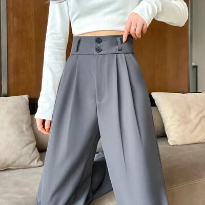 Dámske rovné nohavice s vysokým pásom, čierne, kórejské, kancelárske, dámske, módne, voľné, na gombíky, jarné, dámske, streetwear 2024