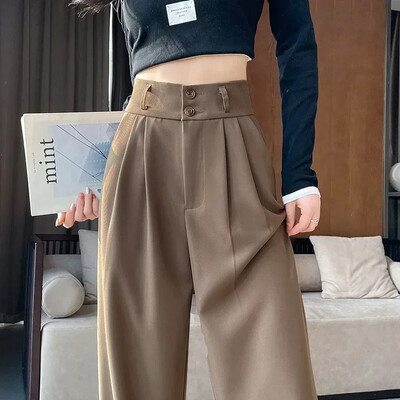 Dámske rovné nohavice s vysokým pásom, čierne, kórejské, kancelárske, dámske, módne, voľné, na gombíky, jarné, dámske, streetwear 2024