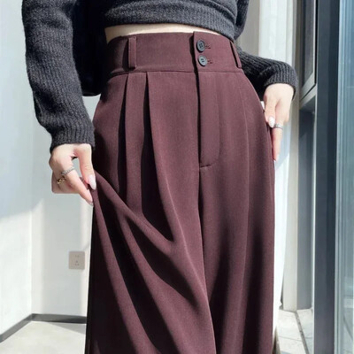Dámske rovné nohavice s vysokým pásom, čierne, kórejské, kancelárske, dámske, módne, voľné, na gombíky, jarné, dámske, streetwear 2024