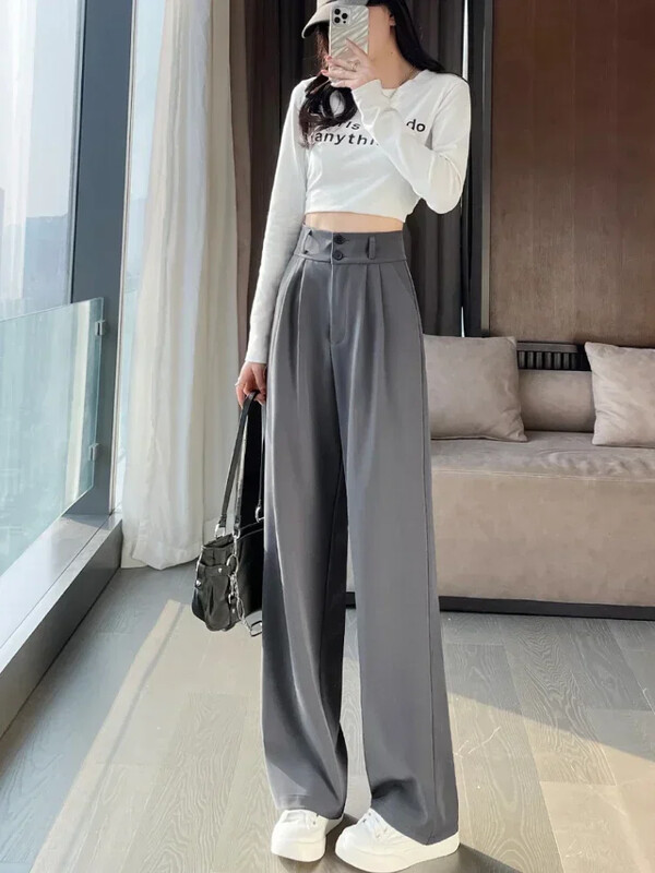 Dámske rovné nohavice s vysokým pásom, čierne, kórejské, kancelárske, dámske, módne, voľné, na gombíky, jarné, dámske, streetwear 2024
