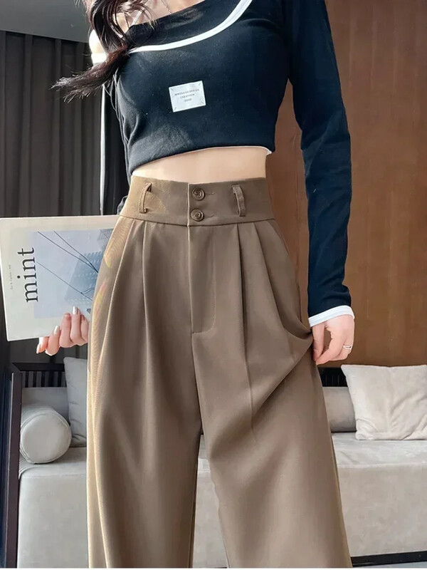 Dámske rovné nohavice s vysokým pásom, čierne, kórejské, kancelárske, dámske, módne, voľné, na gombíky, jarné, dámske, streetwear 2024