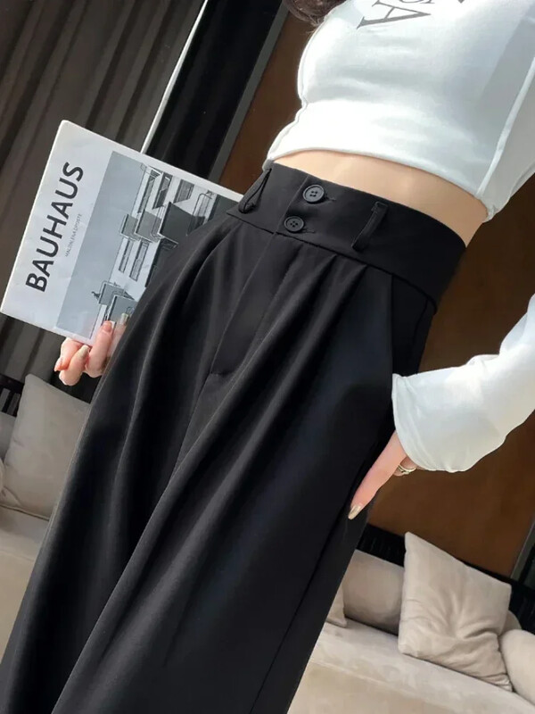 Dámske rovné nohavice s vysokým pásom, čierne, kórejské, kancelárske, dámske, módne, voľné, na gombíky, jarné, dámske, streetwear 2024