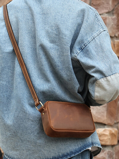 Crazy Horse Leather Messenger Bag Vīriešu ādas plecu soma mobilajam tālrunim Sling Somas vīriešiem Sieviete Cross Body Bag
