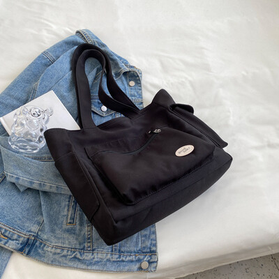 Genți de umăr din pânză ușoare pentru femei Genți de mână pentru doamne Cu buzunare multiple Genți de cumpărături de călătorie de culoare pură