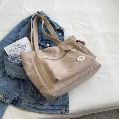 Genți de umăr din pânză ușoare pentru femei Genți de mână pentru doamne Cu buzunare multiple Genți de cumpărături de călătorie de culoare pură