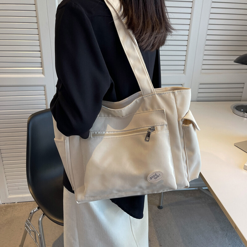 Genți de umăr din pânză ușoare pentru femei Genți de mână pentru doamne Cu buzunare multiple Genți de cumpărături de călătorie de culoare pură