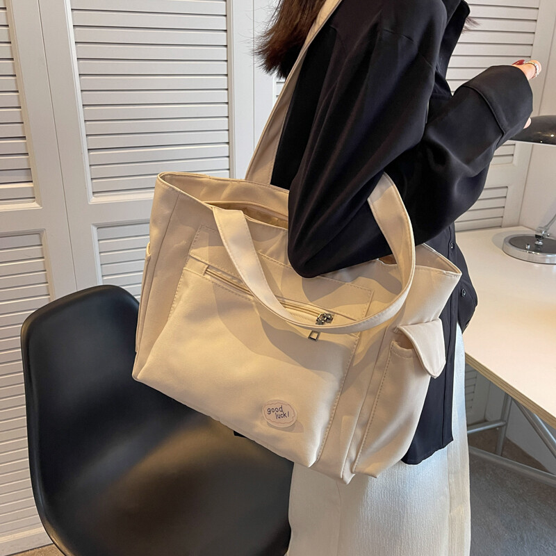 Genți de umăr din pânză ușoare pentru femei Genți de mână pentru doamne Cu buzunare multiple Genți de cumpărături de călătorie de culoare pură