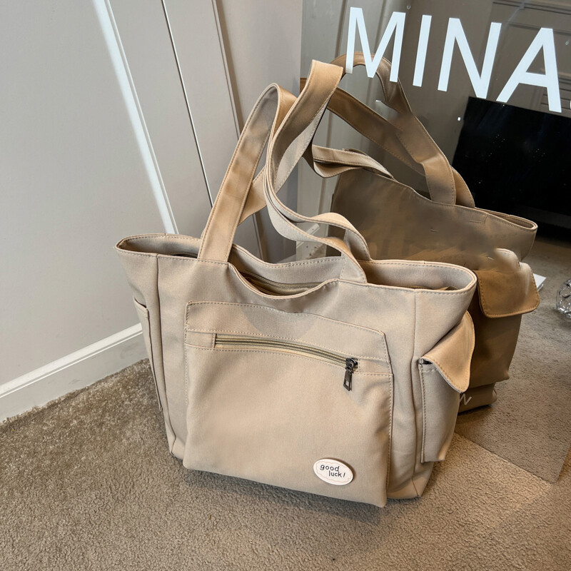 Genți de umăr din pânză ușoare pentru femei Genți de mână pentru doamne Cu buzunare multiple Genți de cumpărături de călătorie de culoare pură