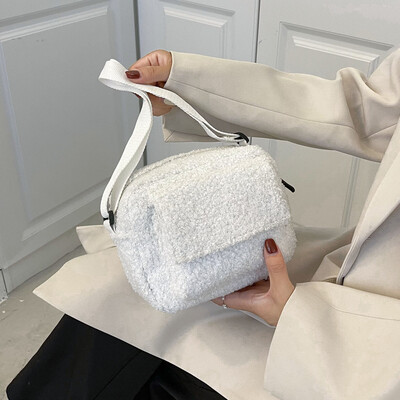 Geantă de mână cu umăr pentru femei din țesătură de pluș nouă, geantă de mână mică, lână de miei, blană pufoasă, iarnă, pentru femei.